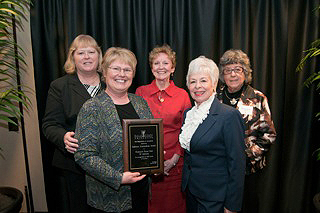 From left, Donna Penticuff, Elizabeth Granger, Jackie Davis, Marion Garmel and Julie Slaymaker accepted the award from Ball State's Department of Journalism. (Photo courtesy of Ball State University)